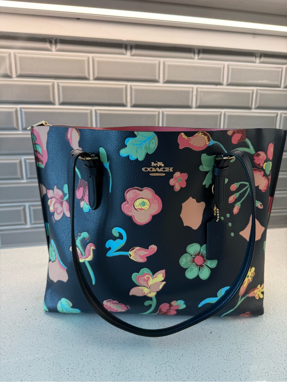 Coach Mollie Tote Navy with Dreamy Land Floral Print